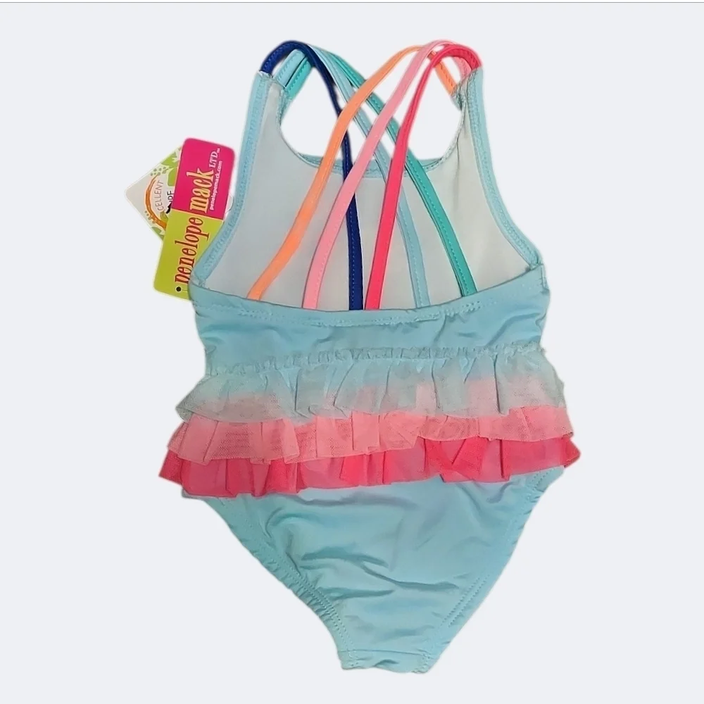 Penelope Mack Unicorn One Piece Ruffled Swimsuit - Blue and Pink Sz 18M